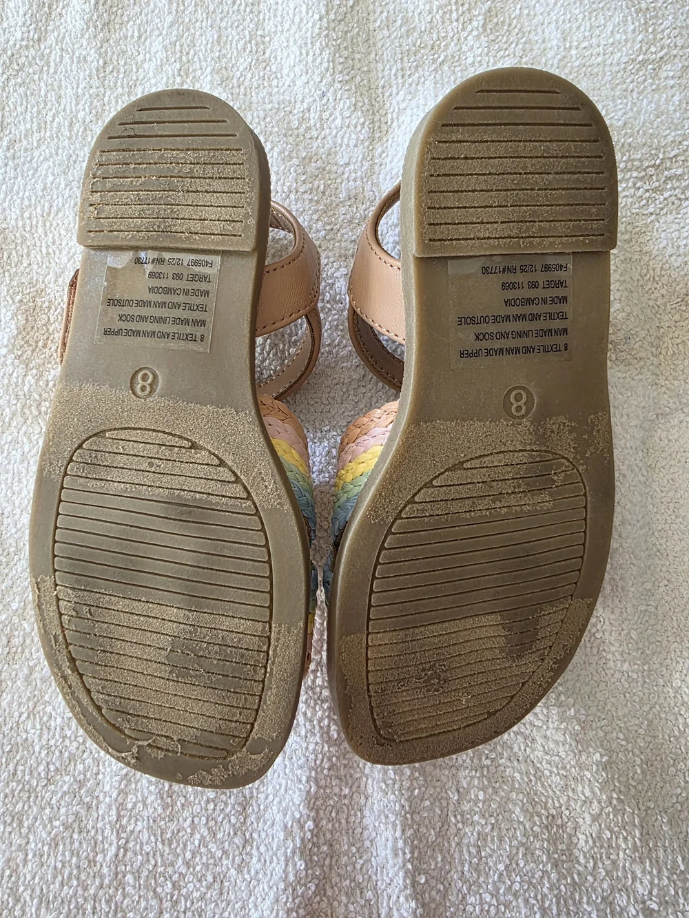 Girl's Tan Sandals with Pastel Rainbow Braided Straps